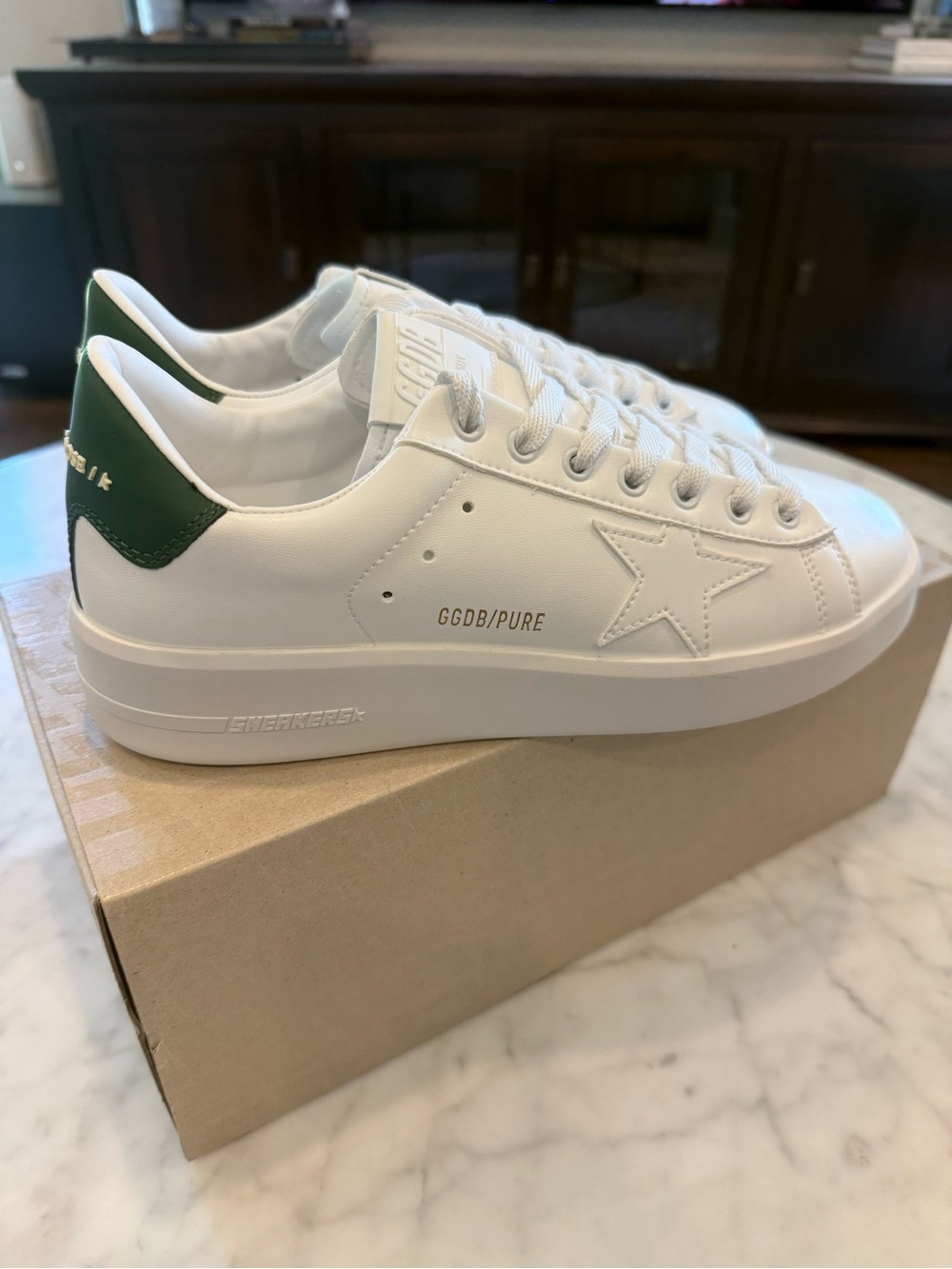 Golden Goose White Leather Pure Stars with Green Heel Tab